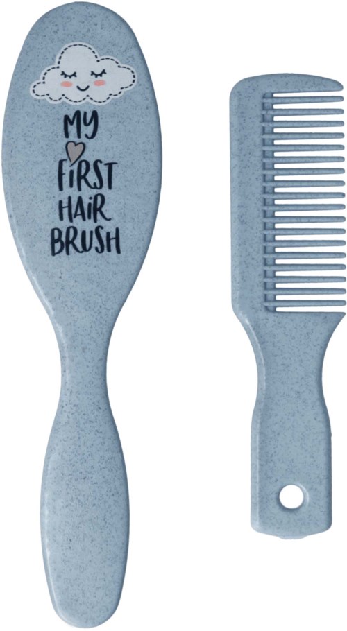 En lyseblå hårbørste med en sød sky-illustration og ordene "My First Hair Brush." Også inkluderet en kam.