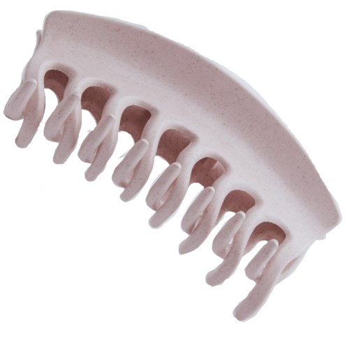 A white hair clip with multiple teeth, used to hold hair in place.