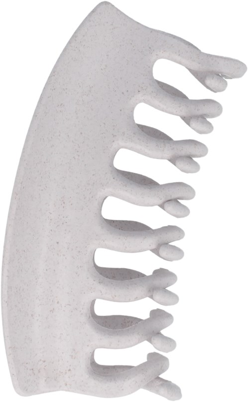 A white plastic hair clip with multiple curved teeth for holding hair.