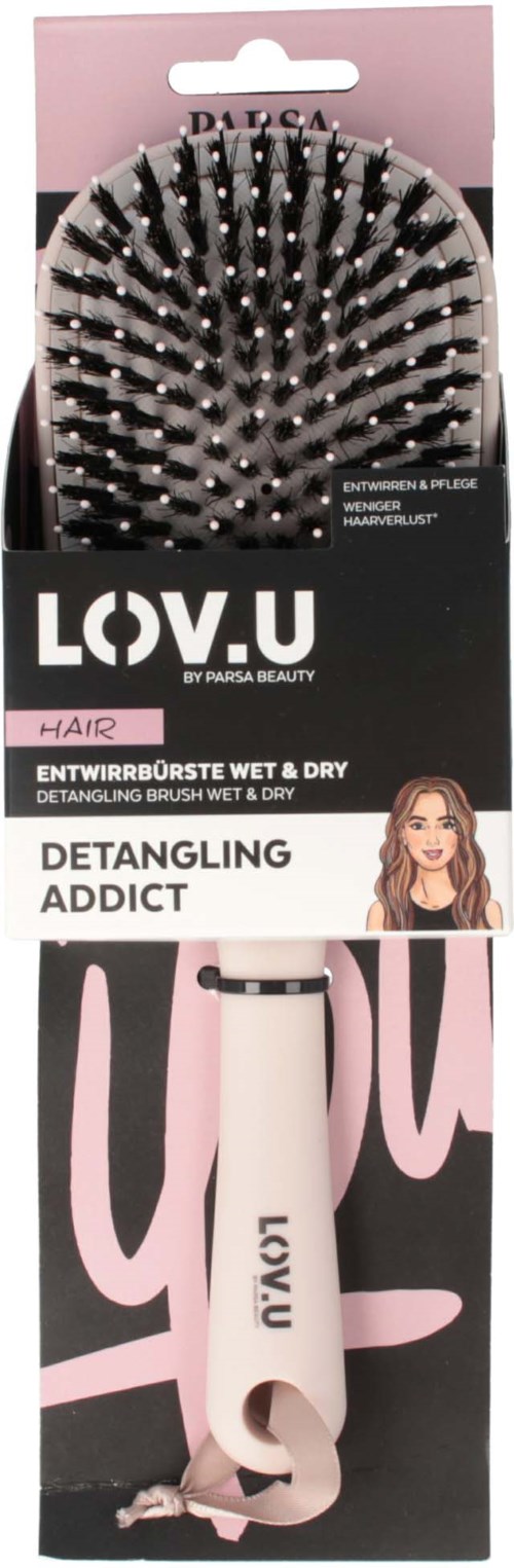 Eine Haarbürste zum Entwirren mit schwarzer und rosa Verpackung, Markenname LOV.U von PARSA BEAUTY, für nasses und trockenes Haar.