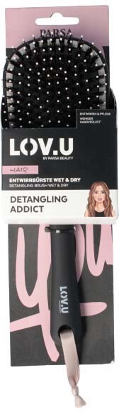 Eine schwarze Haarbürste zum Entwirren mit rosa Griff, Marke LOV.U, in Verpackung mit Modell- und Produkthinweisen.