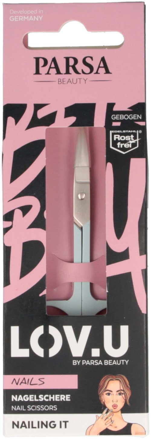 Rosa nagelsax med en silverblad i rosa och svart förpackning, märkt för skönhetsbruk.