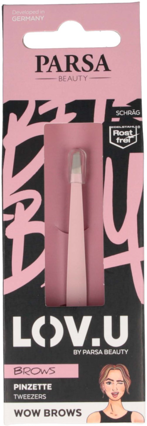 Ett rosa paket innehåller pincetter kallade WOW BROWS för ögonbryn, med tecknad bild av en kvinna på framsidan.