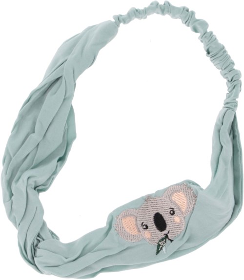 Ett ljust blått tygband med ett sött koalamönster och elastisk kant.