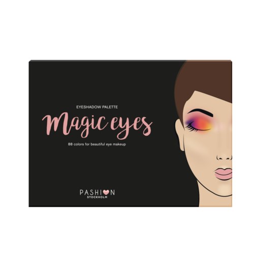 En fargerik øyeskyggepalette kalt 'Magic Eyes' med 88 nyanser, med sminkillustrasjon på svart bakgrunn.