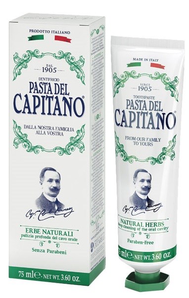 Logo der Pasta del Capitano Zahnpasta mit grün und rot Akzenten, Bild eines Mannes und italienischen Text.