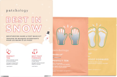 Product packaging for skin and foot care kit, with labels showing gloves and foot prints.