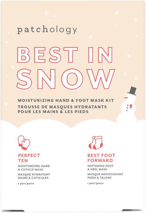 Stocking snowman with snowflakes, promoting hand and foot mask kits for winter care.