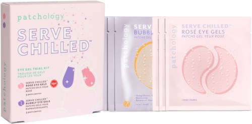 Box with gel eye patches, pink and purple, "Serve Chilled" written, and some sample patches inside.