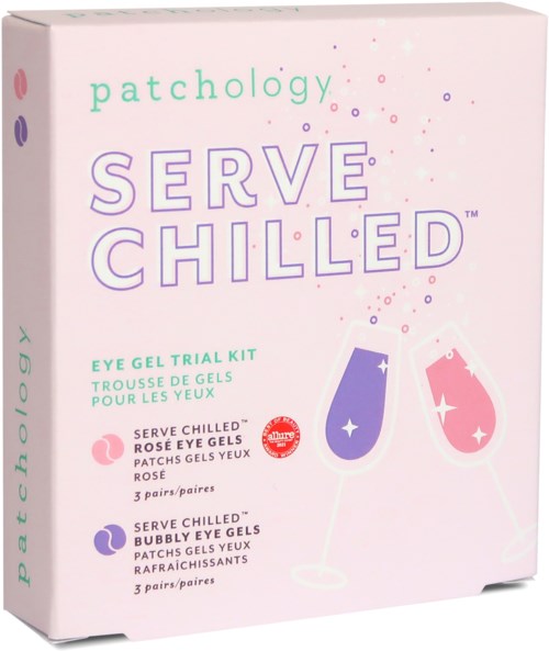 A pink box with green, purple, and pink text about eye gel trials, showing two glasses with bubbles inside.