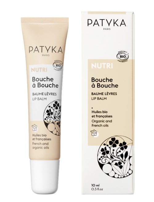En tub och en box av Patyka Nutri läppbalsam, beige och svart design, nämner ekologiska franska oljor, 10 ml storlek.