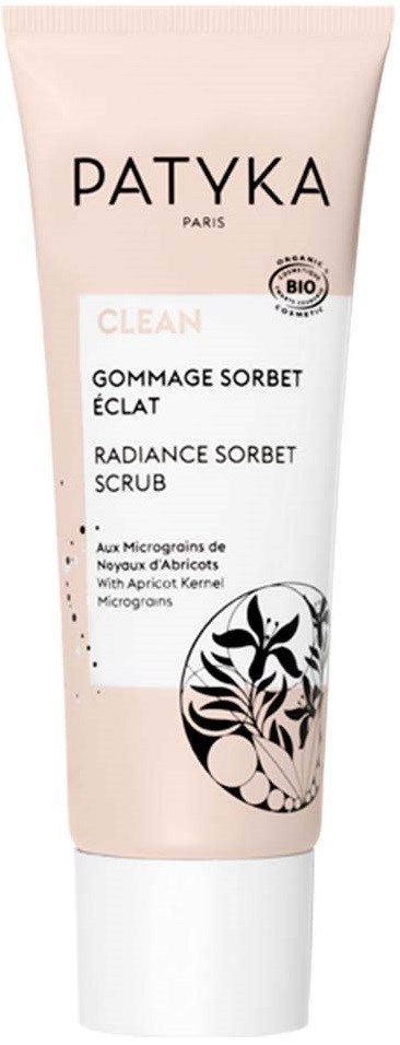 En rosa tub med svart och vitt text som markerar den som Patyka's Radiance Sorbet Scrub för skinande hud.