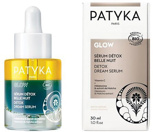A serum bottle and box of PATYKA Glow Detox Dream Serum, with ingredients like vitamin C, melatonin, and matcha extract.