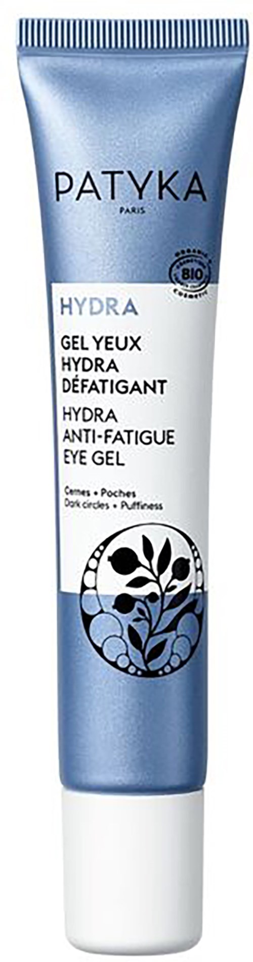 En blå och vit tub med Patyka Hydra ögon gel som ska minska svullnad och trötthet.