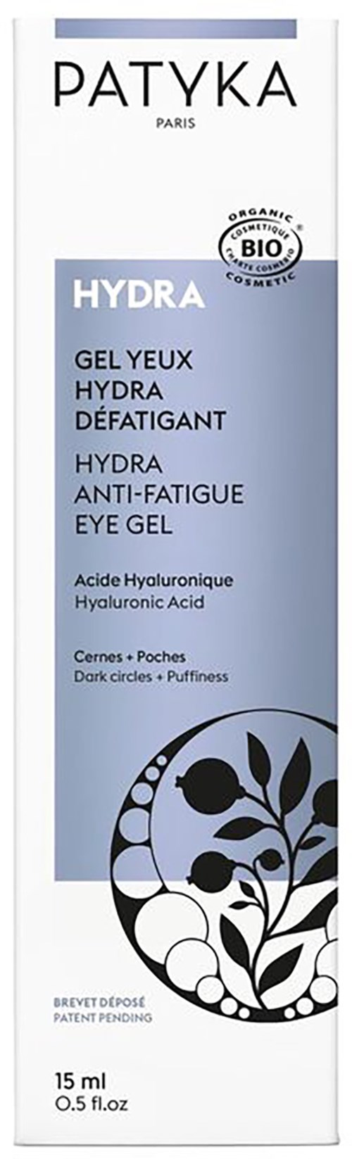 En askrys av Patyka Hydra ögon gel med enkel vit och blå design, med botaniska teckningar och produktinformation.