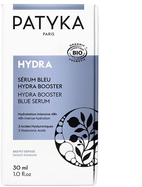 En vit och blå hudvårdsproduktförpackning med ordet Hydra och en bladillustration, vilket tyder på att det är ett återfuktande serum.