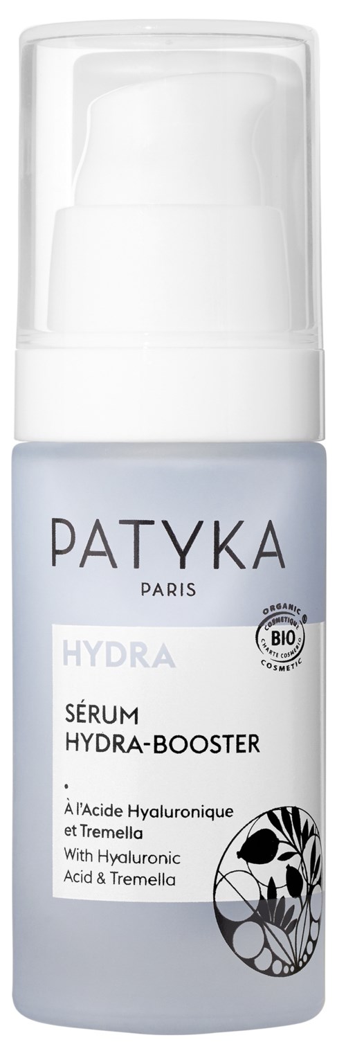 A small bottle with a pump, labeled PatYKA Hydra Serum, containing hyaluronic acid and tremella fungi.