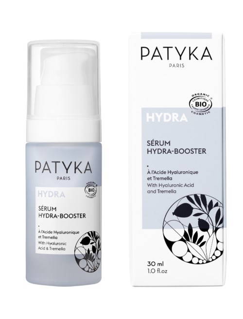 A serum bottle and box labeled Patyka Hydra-Boost with hyaluronic acid and tremella, organic and natural ingredients.