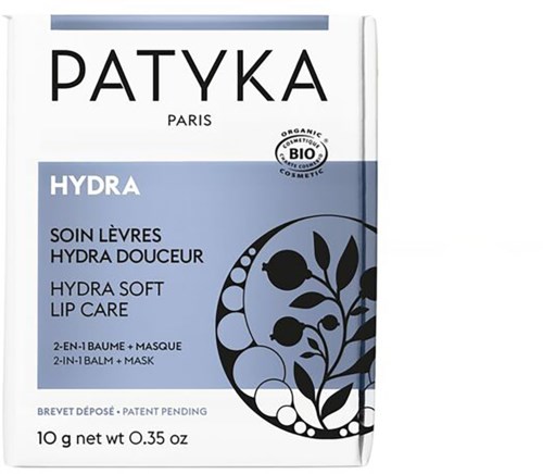 Læbepomade og maske i blå og hvid pakning med planteillustration og tekst om fugtighed og blødhed.