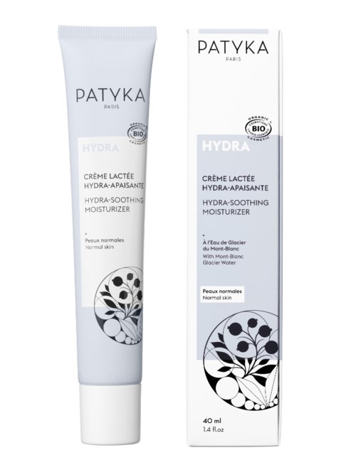 Ett hudvårdsprodukt: Patyka Hydra lugnande fuktkräm i tub och förpackning, för normal hud, 40 ml.