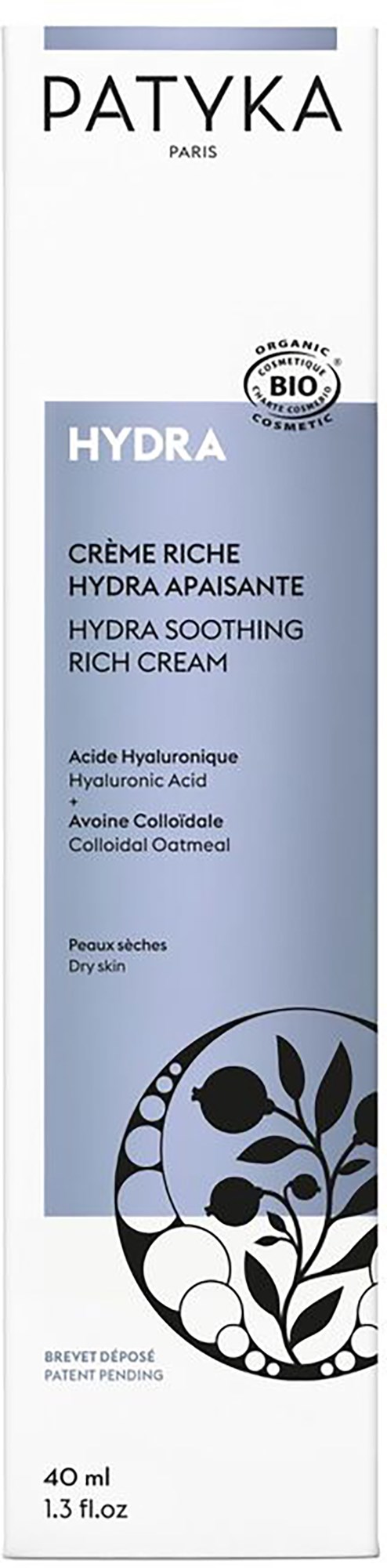 Förpackningen är en vit och blå låda med text som beskriver Hydra lugnande rik kräm för torr hud.