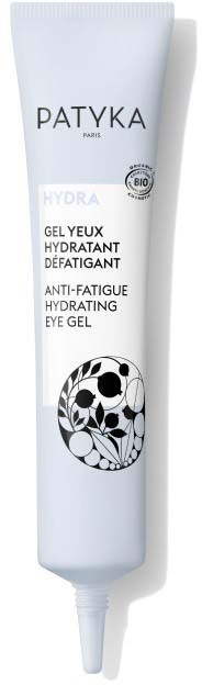 En hvid tube mærket Patyka Hydra øjen gel med en sort og hvid cirkulær design på forsiden.