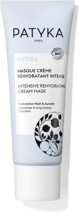 En vit tub med Patyka Hydra Intensive Rehydrating Cream Mask med svart och vitt växtmotiv.