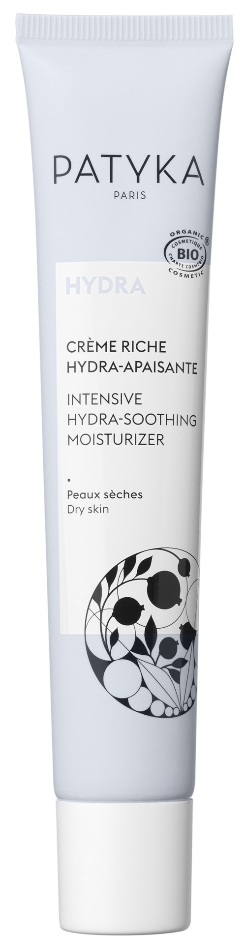 Hvid tuben med Patyka Hydra fugtighedscreme med sort-hvid blomsterdesign.