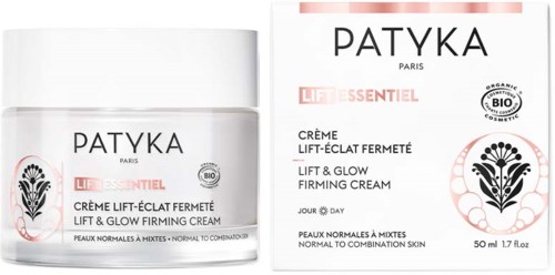 En burk och kartong av Patyka Lift & Glow Fuktgivande kräm för normal till blandad hud. Den är ekologisk och återfuktande.
