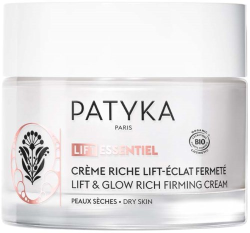 En burk med Patyka Lift and Glow rik fastnande kräm för torr hud, med ekologiskt certifiering, i en tydlig behållare.