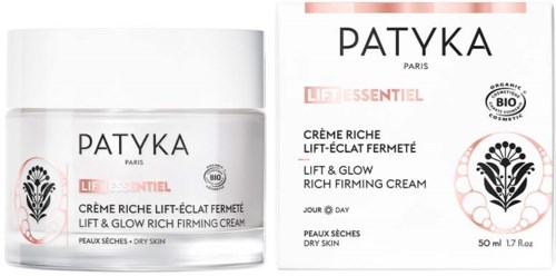 En box och burk med Patyka Lift & Glow ansiktskräm för torr hud, ekologisk och bio-certifierad, i vit och svart förpackning.