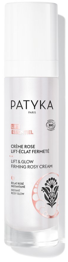 Eine weiße Flasche mit Patyka Rosencreme, die Text über Anheben und Straffen enthält, und eine Rosenzeichnung.