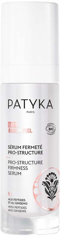 En vit flaska med märket PATYKA, märkt som ett fasthet serum, med ginseng och ginseng extrakt.