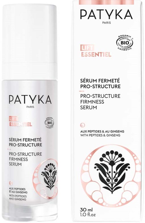 En vit flaska och förpackning för ett firmande serum som innehåller peptider och ginseng, och är ekologiskt.