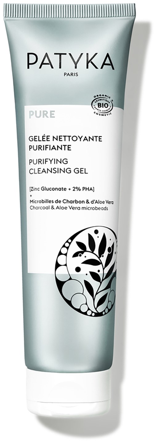 En tube med Patyka rensende gel med aloe vera og aktivt kul, til ansigtsrens.