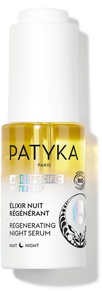 En vit flaska med en gul etikett som säger Patyka Paris, den är ett regenererande nattsserum för natten.