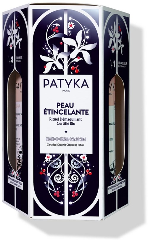 A tall, dark box with floral designs and the brand name 'PATYKA'. It promotes organic, certified skin care for glowing skin.