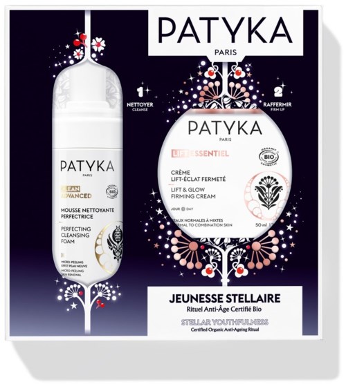 To hudplejeprodukter fra Patyka Paris, en til rens og en til fasthed, med dekorative blomsterdesign rundt dem.