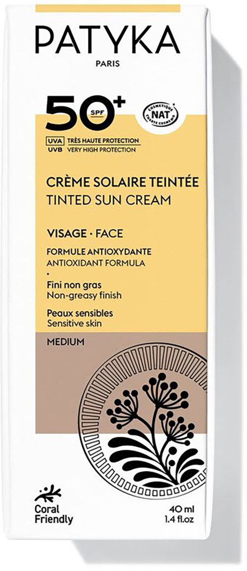 Patyka Paris farvet solcreme med SPF 50, til følsom hud, 40 ml flaske.
