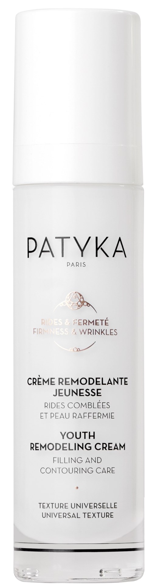 En vit flaska med ungdomsremodelleringskräm för ansikte och rynkor, med Patyka Paris-logga och produktinformation.