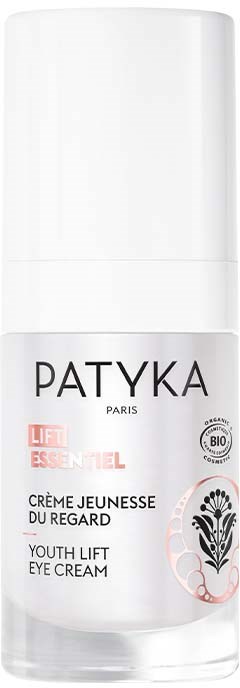 En vit flaska av Patyka Youth Lift Eye Cream med svart och rosa text och logotyp.