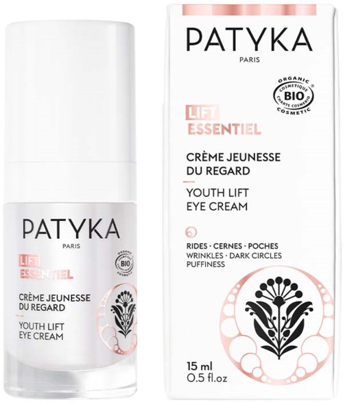 En vit flaska och förpackning av Patyka Youth Lift Eye Cream, med svart och rosa text och en dekorativ svart och rosa logga.