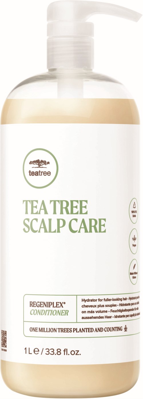 En hvid flaske med pumpe, mærket 'Tea Tree Scalp Care', indeholder et hovedbundsplejeprodukt.