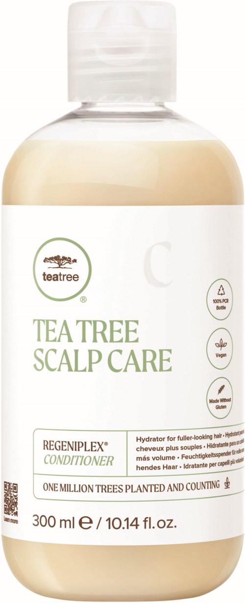 Een witte flesje Tea Tree Scalp Care conditioner, 300ml, met groene en zwarte tekst en iconen op het label.