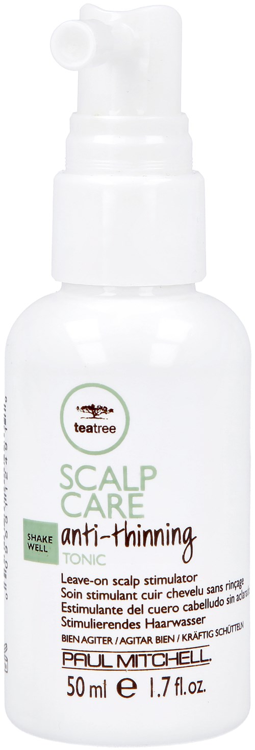 En hvid flaske med pumphoved mærket 'Scalp Care Anti-Thinning Tonic' til hårpleje, 50 ml.