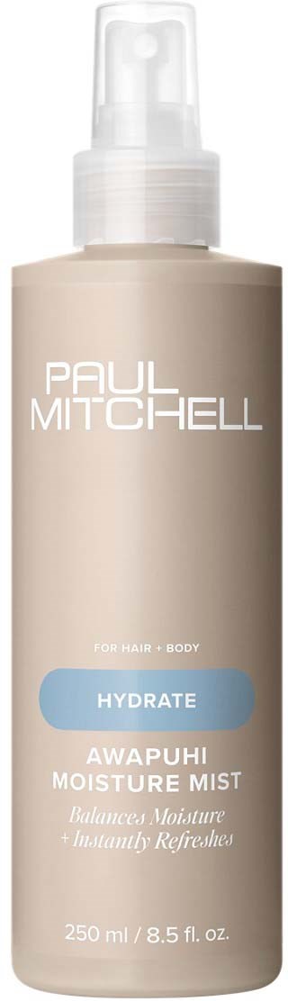 A beige spray bottle with a white pump labeled Paul Mitchell Hydrate Awapuhi Moisture Mist for hair and body.