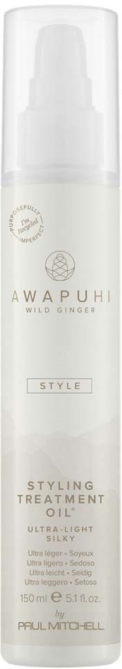 Biała butelka z rozpylaczem oznakowana Awapuh Wild Ginger Styling Treatment Oil. Pojemność 150 ml.
