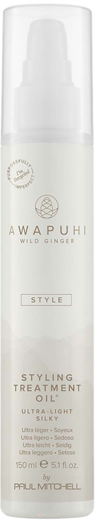 Eine weiße Flasche mit Pumpenspender, beschriftet Awapuhi Wild Ginger Styling Treatment Oil, kleine Größe und leichtes Design.