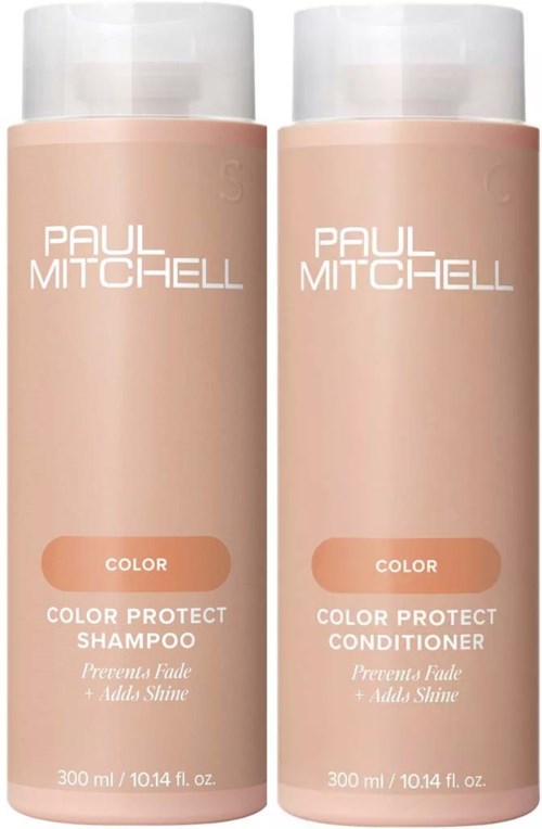 Två rosa flaskor med hårvårdsprodukter från Paul Mitchell, ett schampo och ett balsam, står sida vid sida.