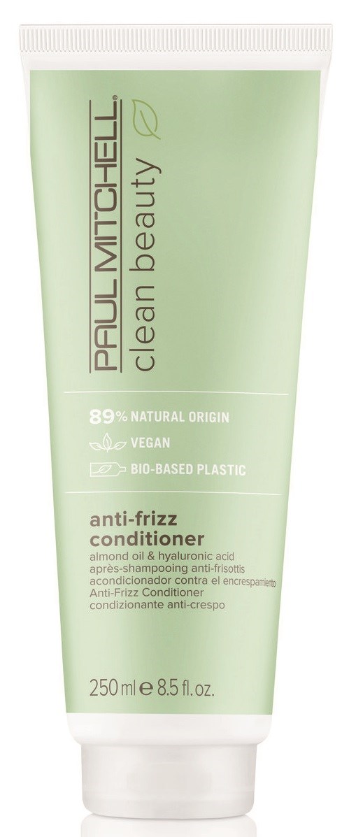 Grønn tube av Paul Mitchell clean beauty anti-frizz conditioner med 89% naturlige ingredienser og vegansk merking.